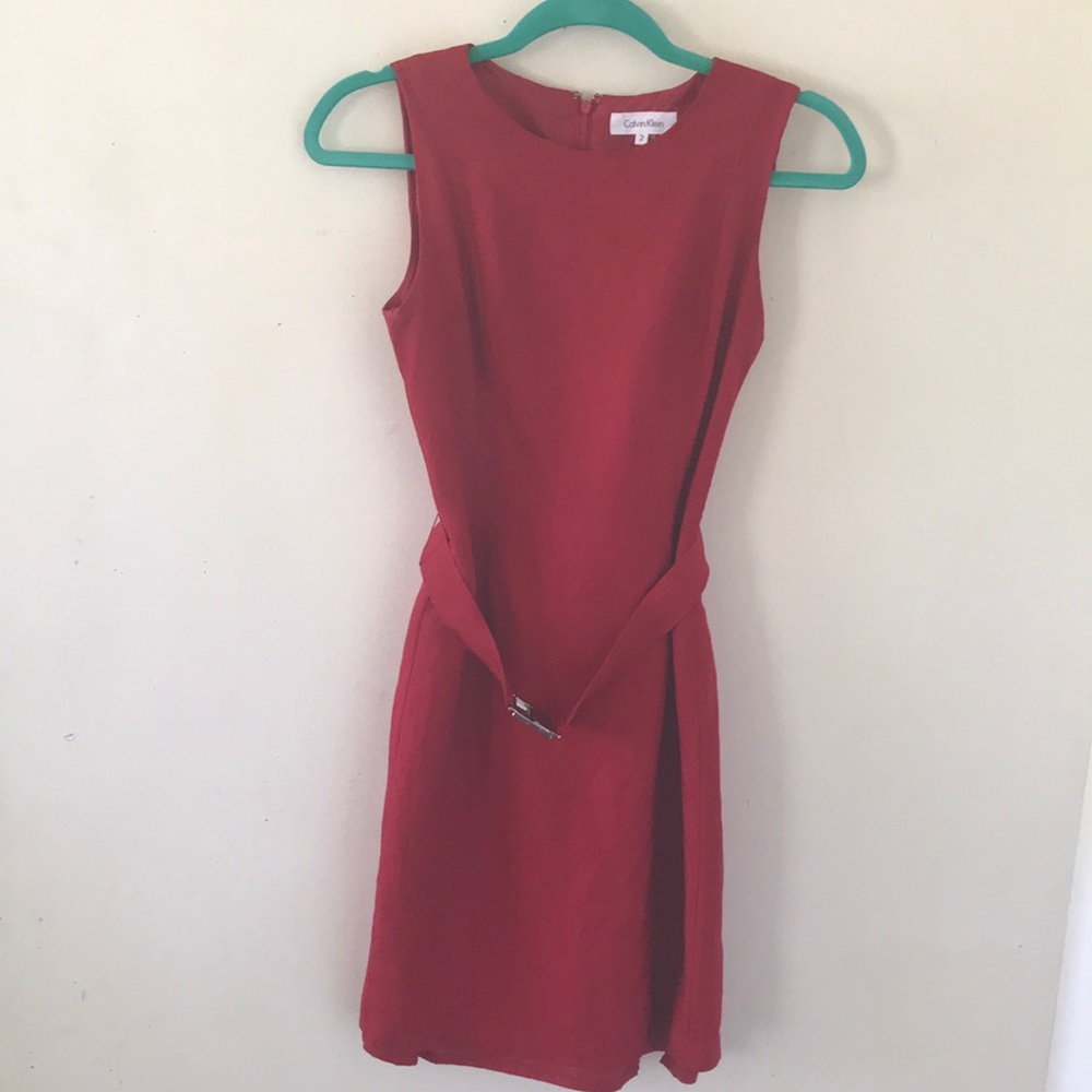 Calvin Klein Red Linen Belted Dress